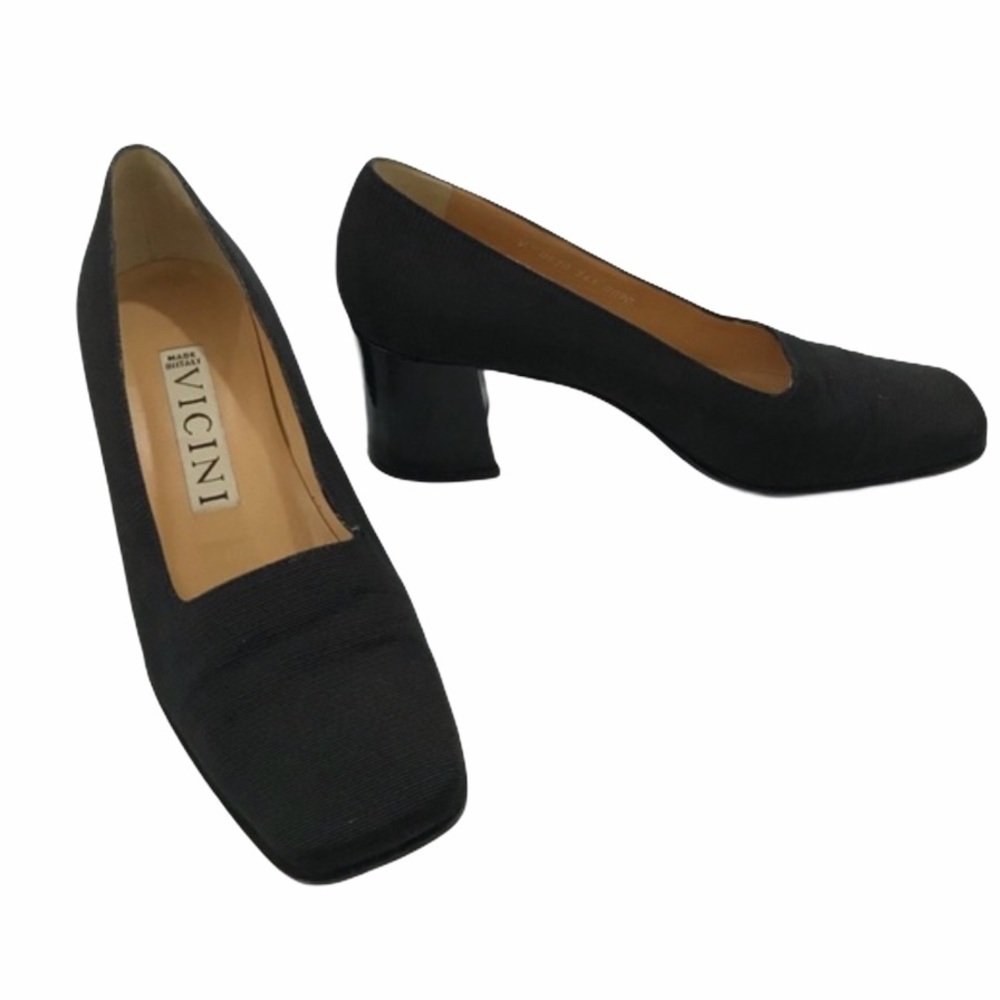 VICINI Black Textured Square Toe Pumps